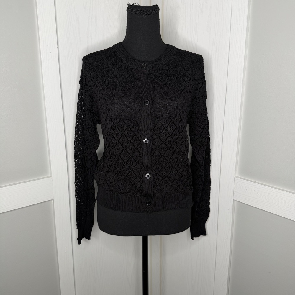Yesfashion Cardigan Sweater Women Large Black Crochet Open Knit Button Front